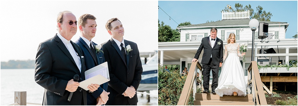 A playful Annapolis backyard wedding on the water featuring twinkle lights and greenery.