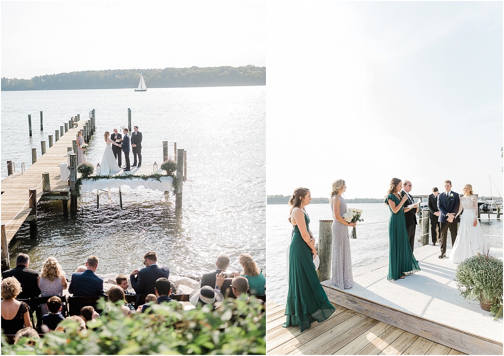 A playful Annapolis backyard wedding on the water featuring twinkle lights and greenery.