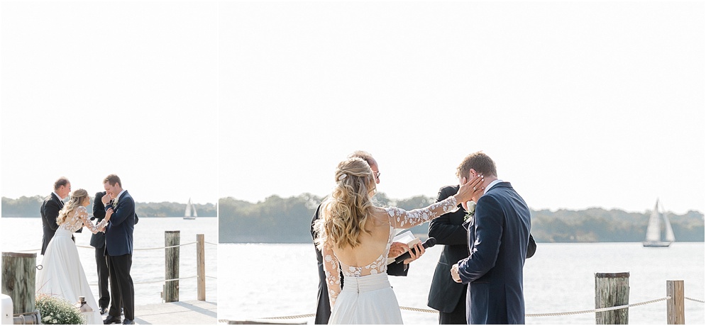 A playful Annapolis backyard wedding on the water featuring twinkle lights and greenery.