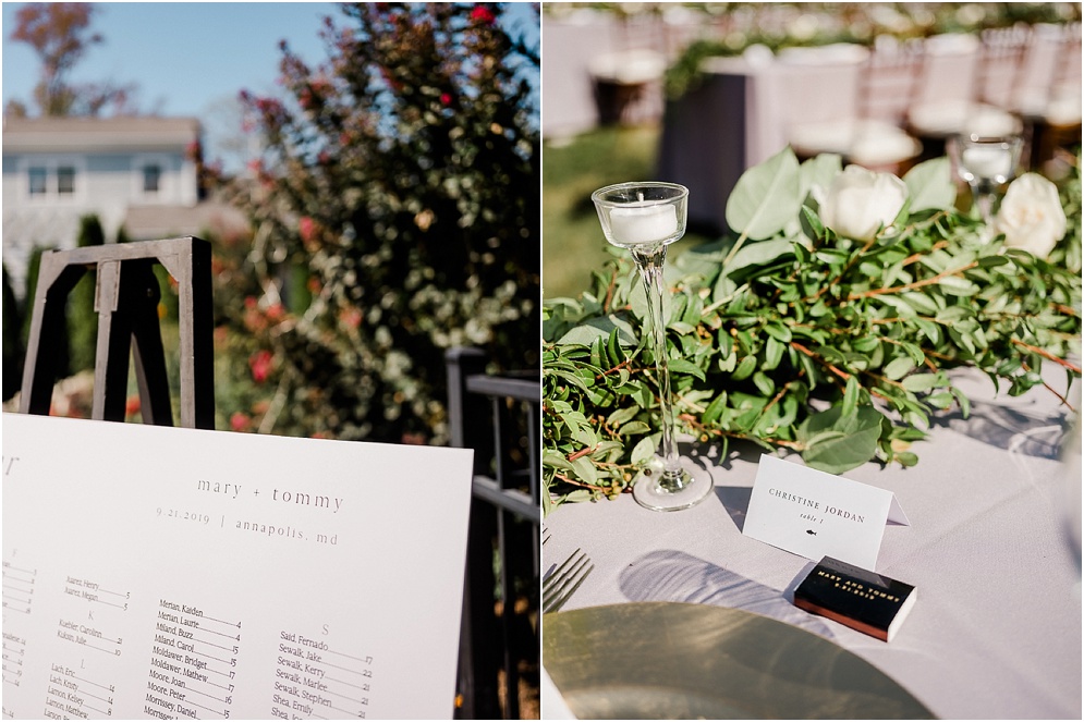 A playful Annapolis backyard wedding on the water featuring twinkle lights and greenery.