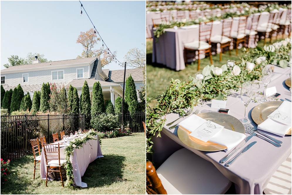 A playful Annapolis backyard wedding on the water featuring twinkle lights and greenery.