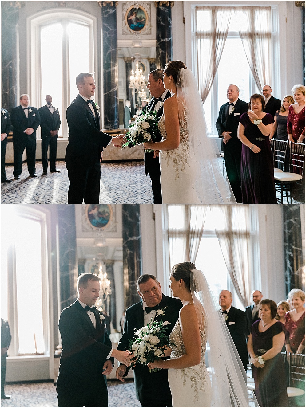 A black and gold Great Gatsby themed wedding at the Belvedere Hotel in Baltimore, Maryland.