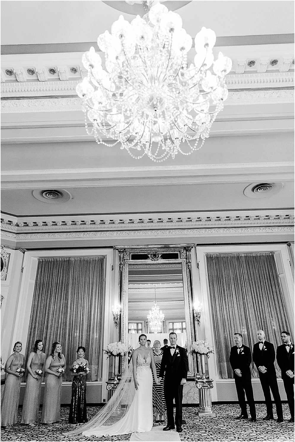 A black and gold Great Gatsby themed wedding at the Belvedere Hotel in Baltimore, Maryland.