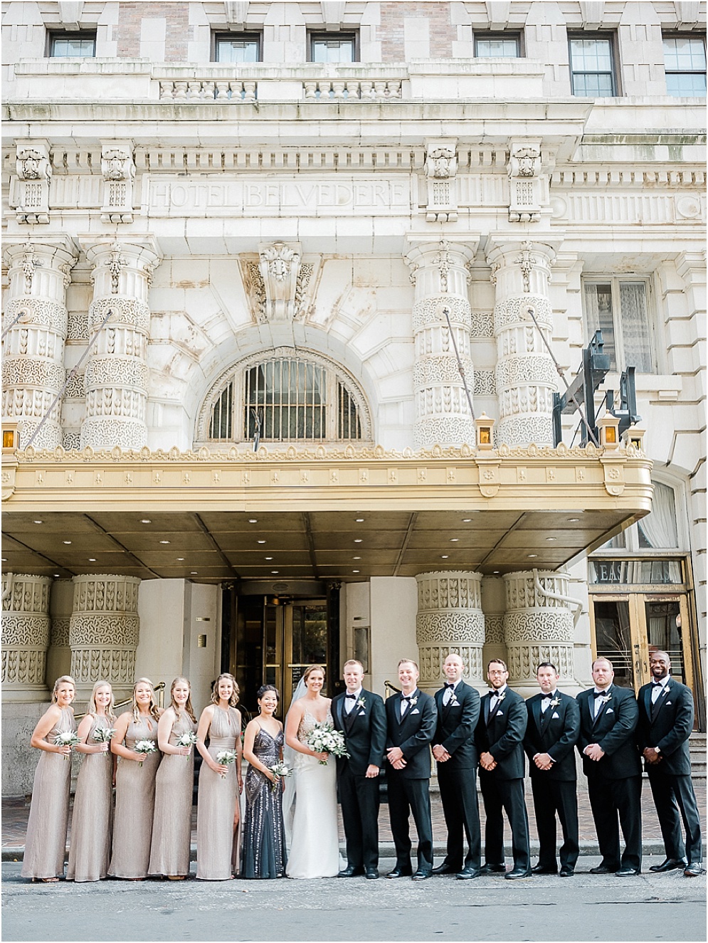 A black and gold Great Gatsby themed wedding at the Belvedere Hotel in Baltimore, Maryland.